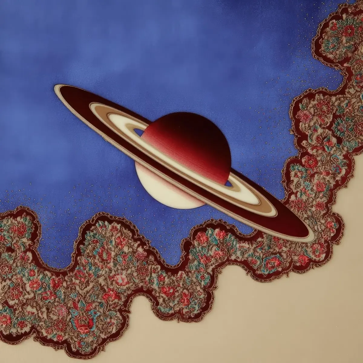 Saturn suspended above an embroidered floral horizon.