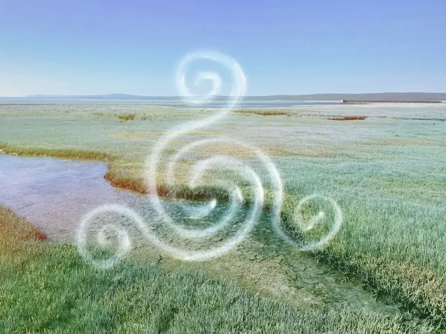 A luminous spiral form moving across a wide green wetland beneath a pale sky.