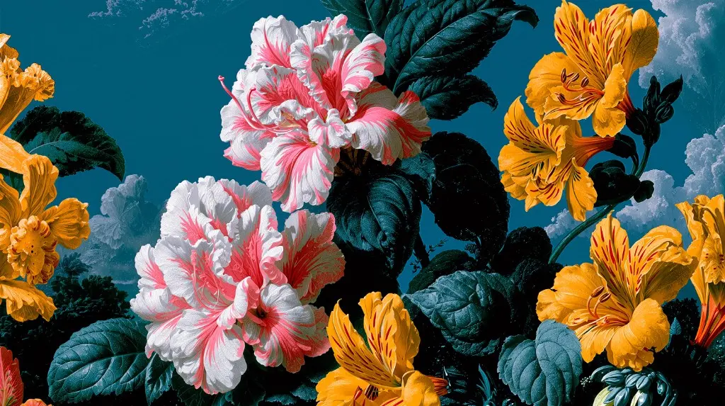Botanical study of hibiscus and alstroemeria in bloom against a deep teal ground