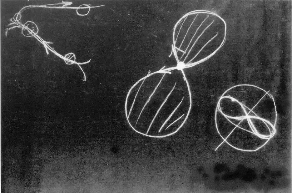 Blackboard drawing of the year cycle as a lemniscate, with solstices, equinoxes, and planetary paths